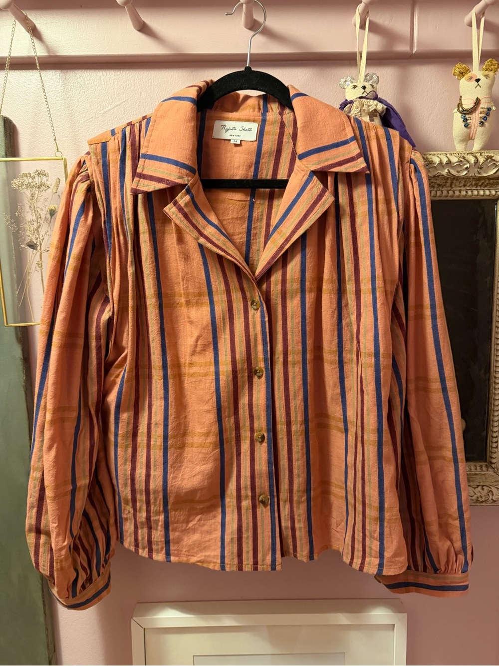 Rujuta Sheth size M pink/Orange Striped Button-Front Women's Shirt cap sleeves